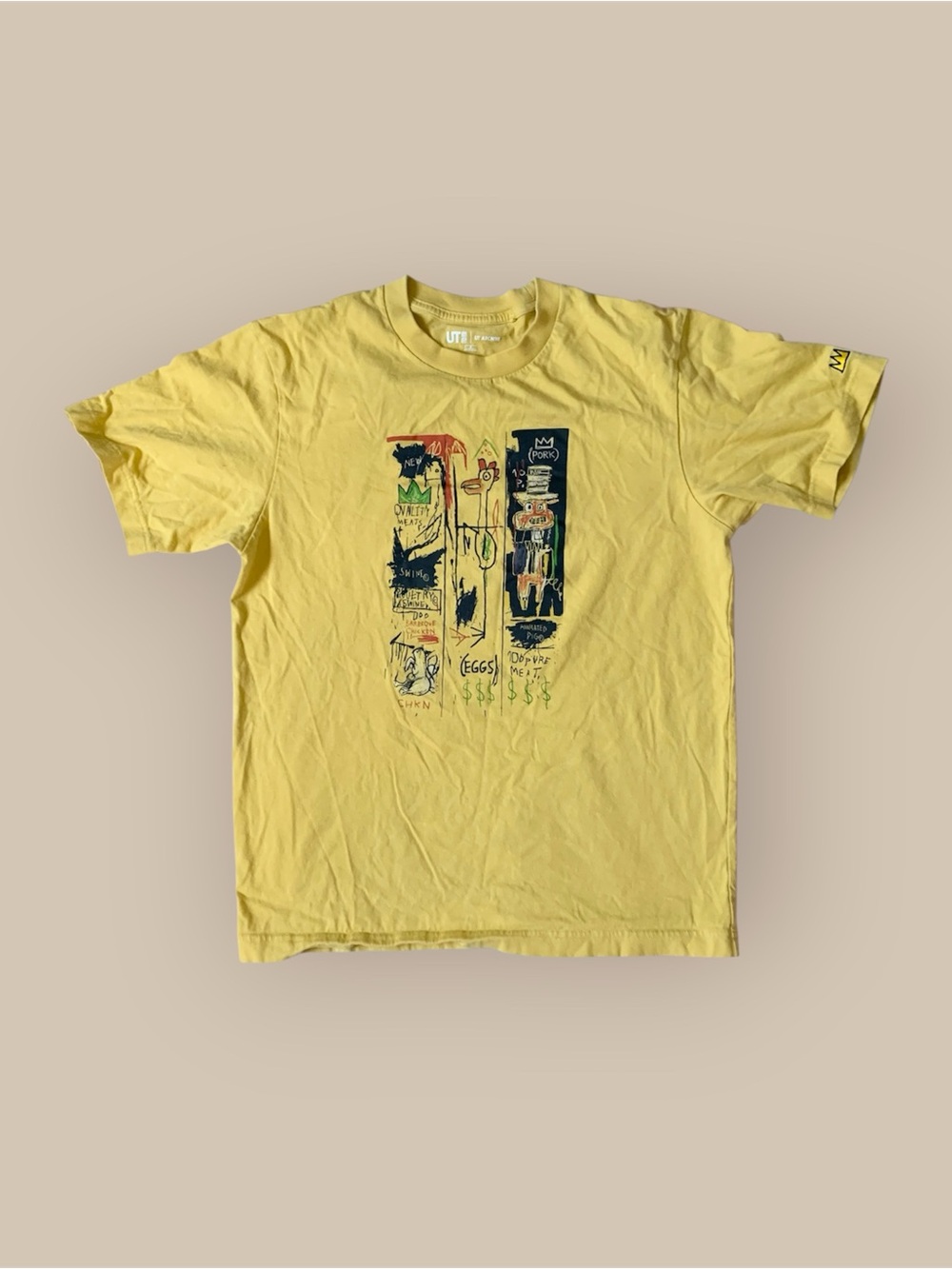 Uniqlo Yellow Graphic Short Sleeve Tee with Multicolor Print